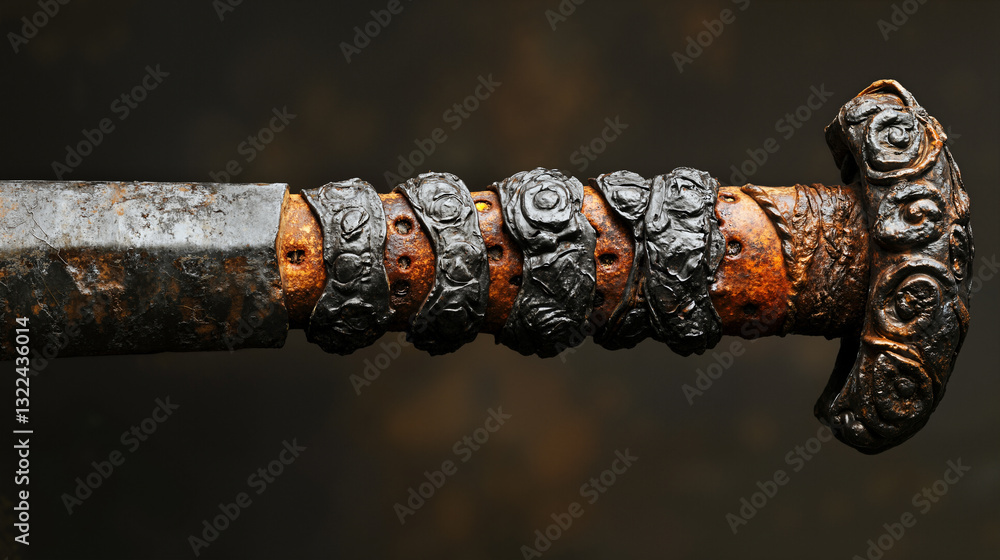 Poster the image shows a close up of a metal sword with intricate designs on it