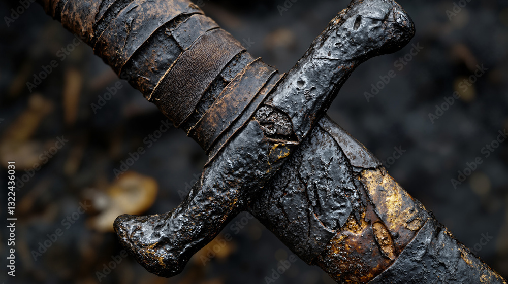 Poster the image shows a close up of a rusty sword on the ground