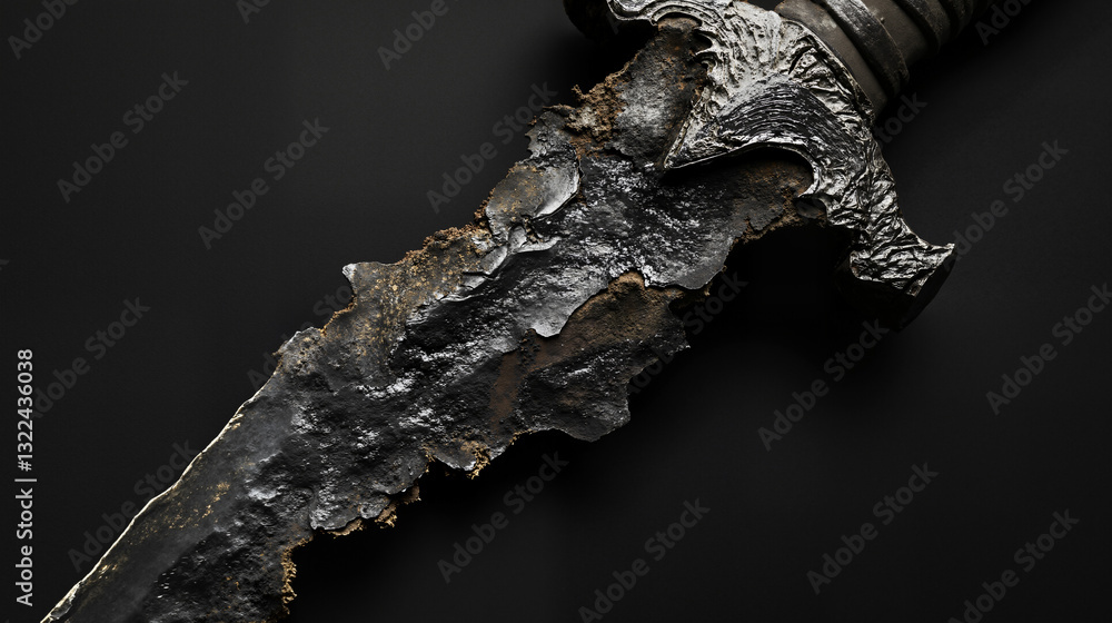 Poster the image shows a close up of a dagger with a metal handle on a black background. the blade of the d