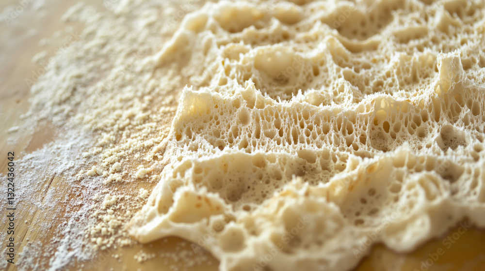Poster the image shows a close up of a wooden table with a pile of flour on it. the flour is a light beige 