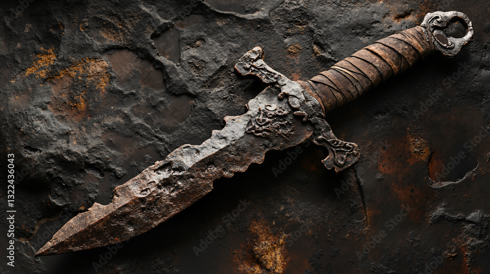 Poster the image shows an old dagger resting on a rusty metal surface. the dagger has a long