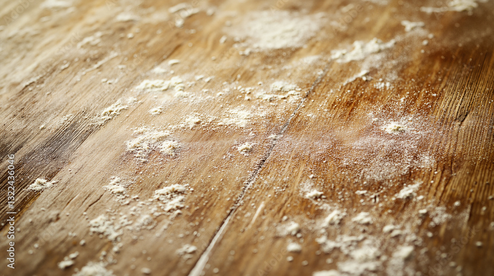 Poster the image shows a close up of a wooden table with flour scattered across its surface.