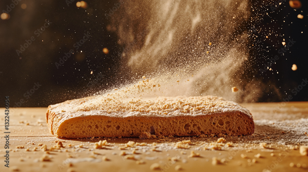 Poster the image shows a loaf of bread on a wooden table with a dusting of flour on top. the background is 
