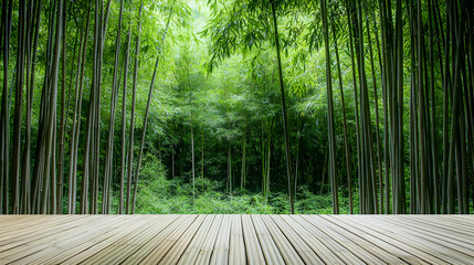 Obraz premium Tranquil Bamboo Forest with Wooden Pathway in Green Natural Light Peaceful Outdoor Landscape Photography