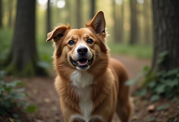 A cheerful dog stands close up in the heart of a serene forest, vibrant foliage framing its playful demeanor. Sunlight filters through the trees, highlighting its expressive features AI