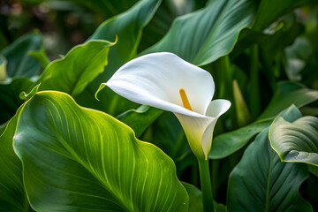 Obraz premium Alcatraz flor close up white calla lily with vibrant green leaves in nature
