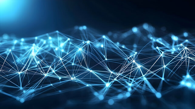 Dynamic Blue Plexus Network On Dark Background With Futuristic Technology Data Flow