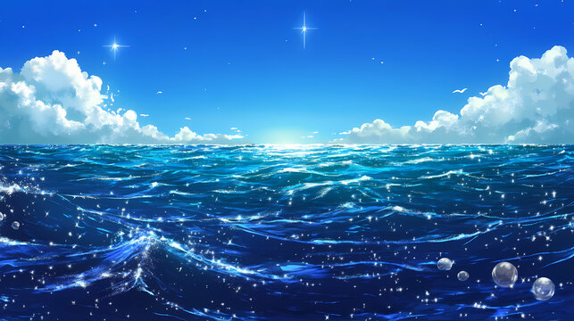 Sunlit ocean surface: a captivating seascape of deep blue waters and sparkling reflections. Oceanic Glimmer. Illustration