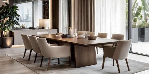 Fototapeta premium A modern dining room featuring a long wooden table with chairs