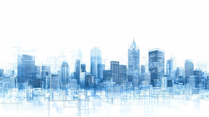 Obraz premium Panoramic Cityscape Featuring Modern Architecture in Shades of Blue and White on a White Background in a Futuristic and Geometric Style