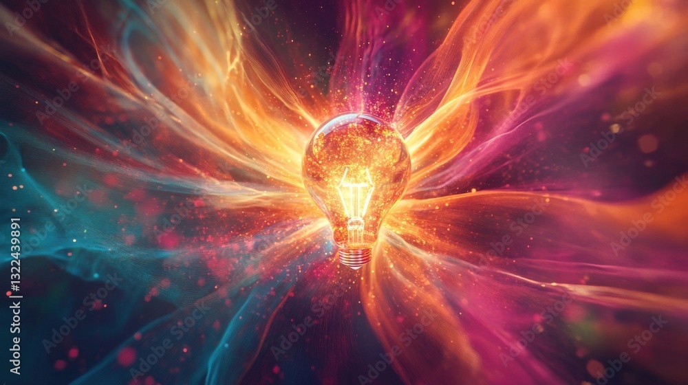 Poster light bulb glowing with orange and yellow light surrounded by colorful abstract shapes representing 