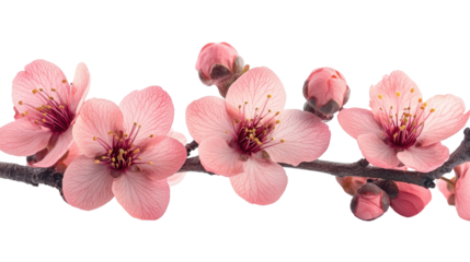 Cherry Blossom Branch: A delicate cherry blossom branch, adorned with exquisite pink blossoms and unopened buds, symbolizes spring's arrival with vibrant color, detail and natural beauty.