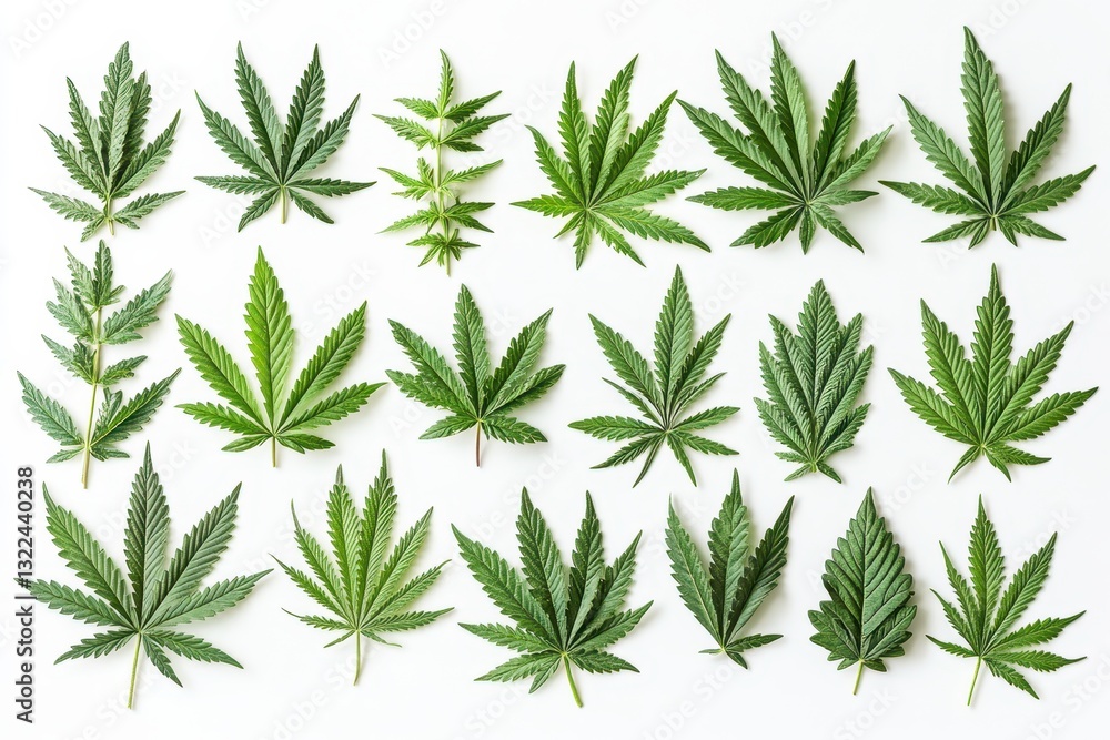 Poster various types of green leaves arranged artistically on a white background showcasing diverse shapes 