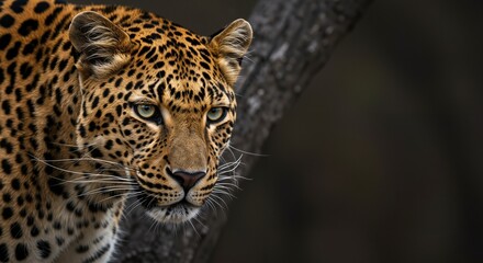 Obraz premium Majestic leopard with striking spotted fur intensely observing its surroundings against a blurred, dark forest background