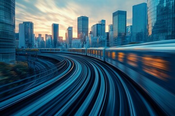 Fototapeta premium In a cityscape, a car moves swiftly, creating motion blur