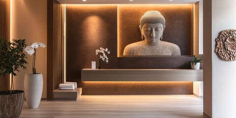 A peaceful room featuring a Buddha statue and modern design elements