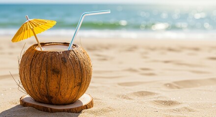 Coconut drink with a straw and a yellow umbrella on a sandy beach exuding a tropical summer vibe next to the ocean