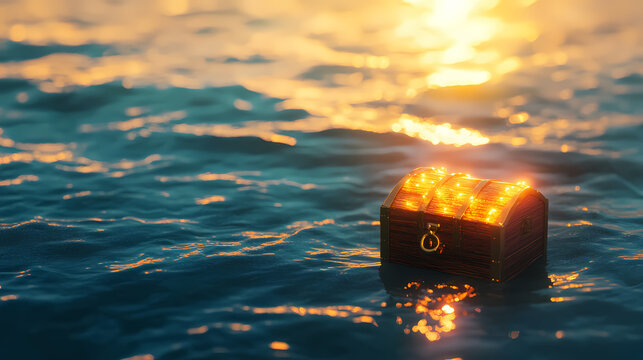 A glowing treasure chest floats serenely on calm ocean waters, radiating warmth and mystery. Oceanic Glimmer. Illustration