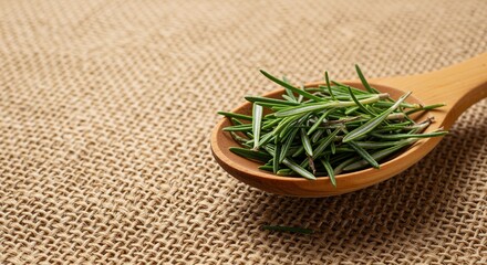 Fresh rosemary sprigs in a wooden spoon arranged on a textured burlap background conveying a natural and organic feel, representing herbal remedies