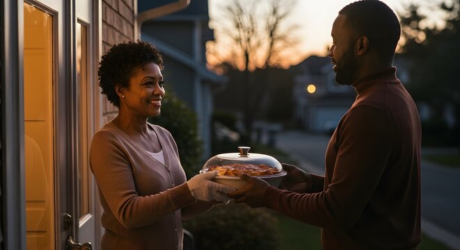 Warm evening neighbors sharing homemade apple pie dessert food care love fall cozy sweet happy image