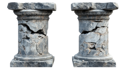 Cracked Columns: An evocative pair of weathered, ancient columns, bearing the marks of time and decay, stand as silent witnesses to history, exuding a sense of resilience.