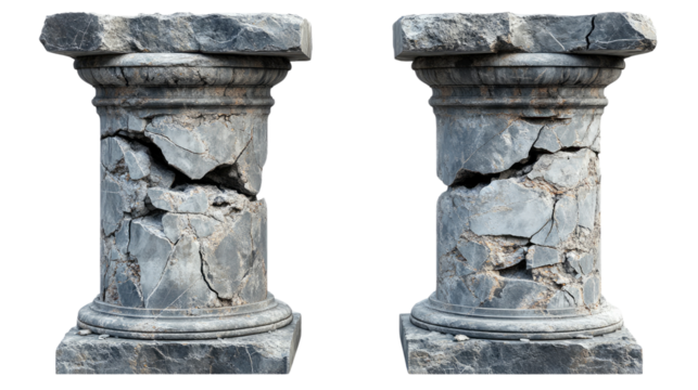 Cracked Columns: An evocative pair of weathered, ancient columns, bearing the marks of time and decay, stand as silent witnesses to history, exuding a sense of resilience.
