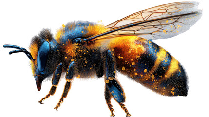 Bee in Macro: A close-up macro photograph of a bee showcasing the intricate details of its body, including vibrant colors, wings, and textures.