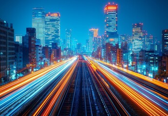 Fototapeta premium Railroad Railway station under the night sky with motion blur