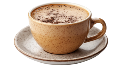 Chocolate Delight: A warm and inviting cup of rich hot chocolate with a delicate dusting of chocolate shavings sits elegantly on a matching saucer, promising a moment of pure indulgence.