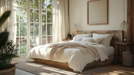 Fototapeta premium modern farmhouse bedroom, a modern farmhouse bedroom with linen bedding, wooden accents, and natural light for a cozy feel