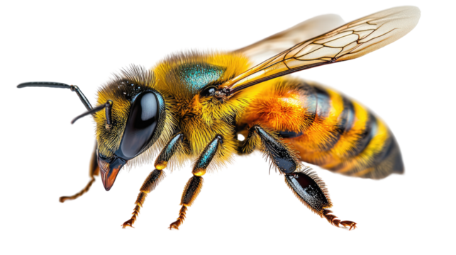 Macro Bee: A highly detailed close-up of a honeybee, showcasing its intricate patterns and textures in vibrant color and detail. 