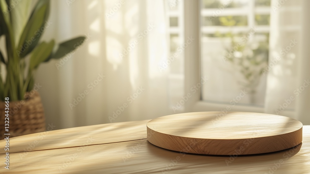 Poster sunlight streams through windows onto a wooden tabletop with a circular surface, surrounded by indoo