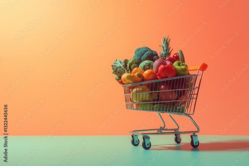 Poster overflowing shopping cart filled with fresh fruits and vegetables in modern minimalist setting
