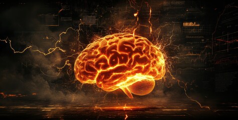 glowing futuristic brain with electric energy and digital data representing artificial intelligence neural networks and advanced technology in cyberspace