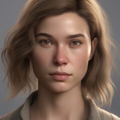 Obraz premium A highly detailed, hyper-realistic close-up portrait of an AI-generated human face. This digital artwork features lifelike skin textures, expressive eyes, and natural lighting.