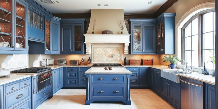 A well appointed kitchen features blue cabinetry and modern appliances
