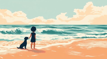 Minimalistic Illustration of a Child Playing with Dog on the Beach with Ocean and Sand Gradients