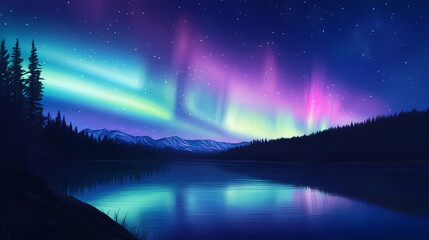 Nighttime northern lights. Neon Aurora. Illustration