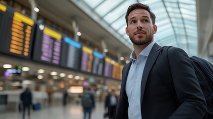 Modern Traveler at Airport: A sharp businessman, impeccably dressed, navigates a bustling airport terminal, his gaze fixed ahead with a determined expression.