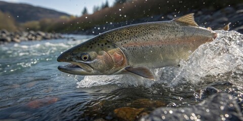 Dynamic closeup of fresh salmon swimming upstream in fast-moving river nature scene action-packed viewpoint