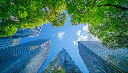 Urban architecture meeting nature: skyscrapers and green trees under a clear blue sky