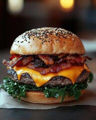 Juicy cheeseburger with crispy bacon and fresh lettuce on a rustic table, warm ambiance
