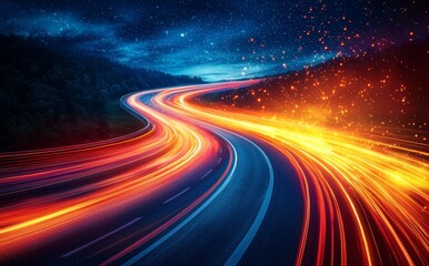 A motion blur background with light trails accompanies a forward movement, captured in the evening light