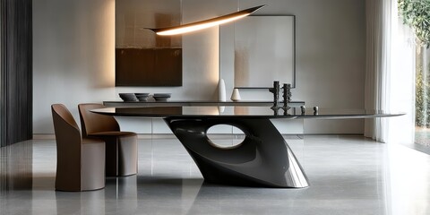 Elegant dining room shows a modern table and chairs with art