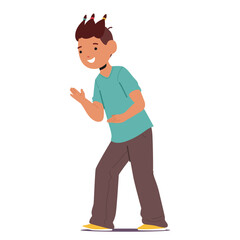 Funny schoolboy cartoon character with cute coiffure playing game isolated on white background