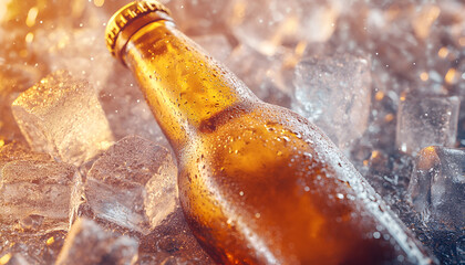 Bottle of beer in ice cubes