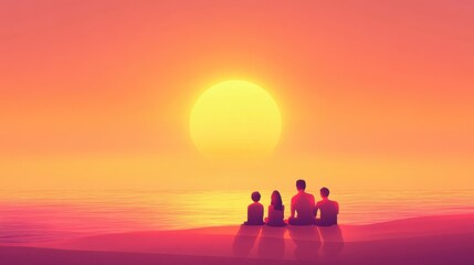 Minimalistic Family Relaxing Together During a Beautiful Sunset, Soft Gradient Beach Scene