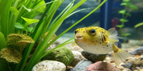 Curious freshwater pufferfish exploring a planted aquarium underwater scene aquatic environment close-up perspective