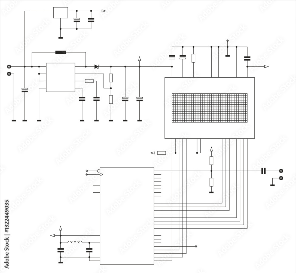 Poster schematic diagram of electronic device on sheet of paper. vector drawing electrical circuit with cap