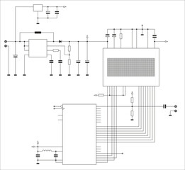 Schematic diagram of electronic device on sheet of paper. Vector drawing electrical circuit with
capacitor, resistor, cpu microcontroller, integrated 
circuit, diode, lcd display, other components.